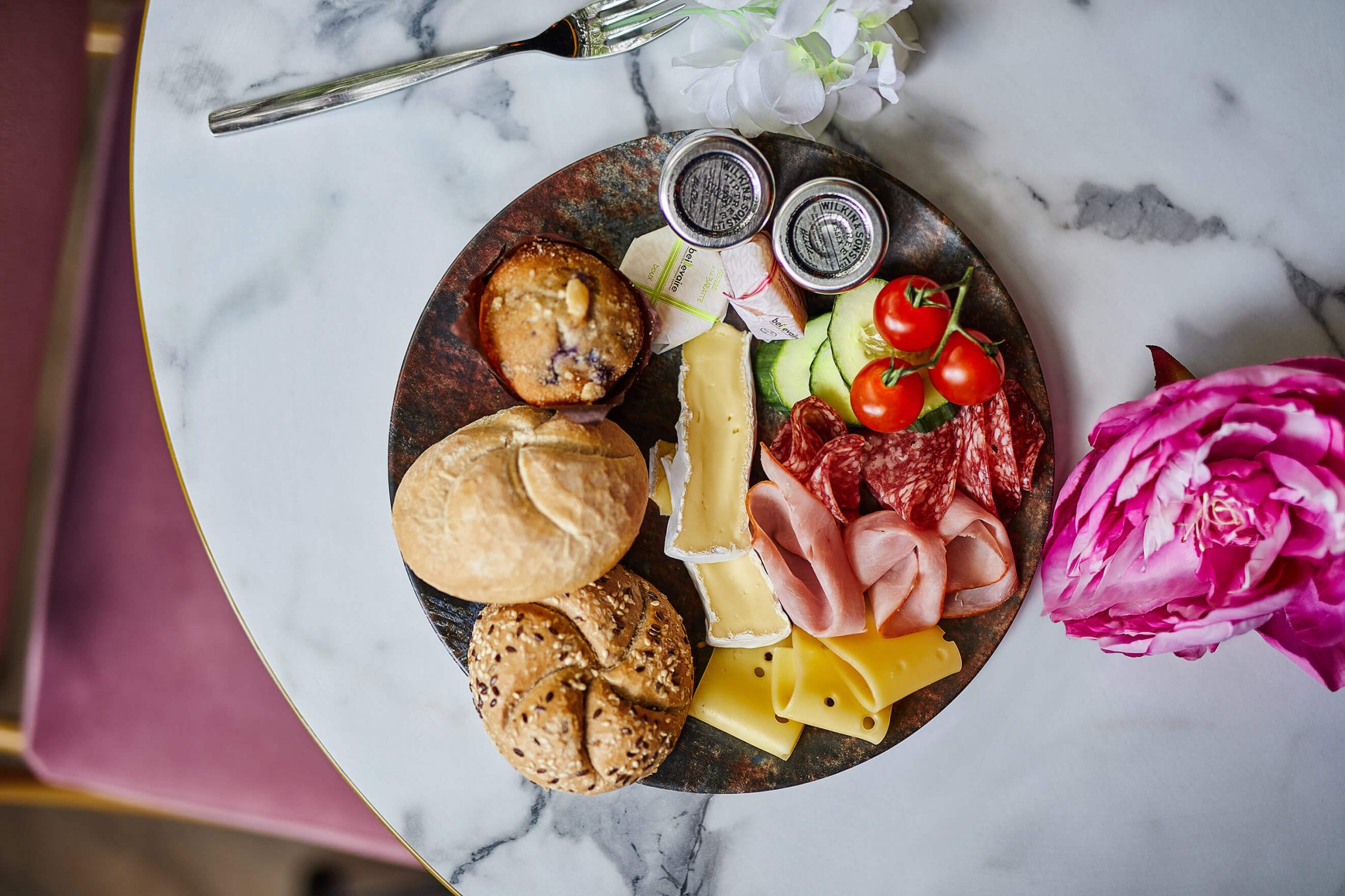 Continental breakfast with cheese and bread